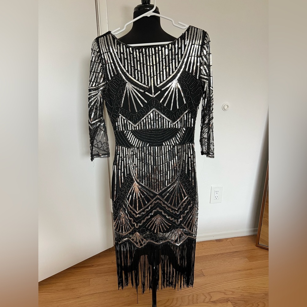 Unique Vintage Black & Silver 1920s Long Sleeve Flapper Beads and Sequins Dress